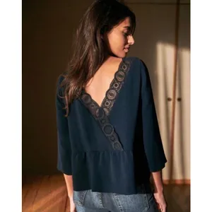 Sezane Louisie Blouse Size 36 US 4 Navy Lace Trim‎ thumbnail 2