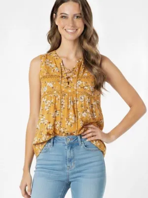 Entro size large mustard floral boho babydoll top thumbnail 1
