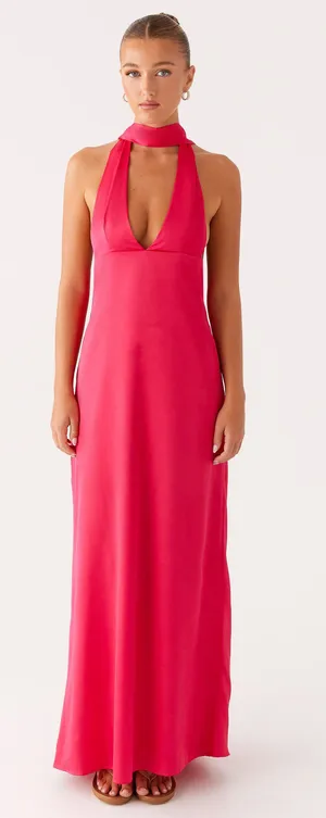 Alicia Satin Halter Maxi Dress in Fuchsia thumbnail 1