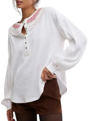 Free People Embroidered Holly Henley Thermal Waffle Knit White HenleyTee size L thumbnail 1