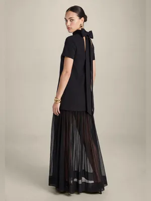 NWT o.p.t Elowen Maxi Dress size L Few Moda short sleeve tie bow back Black thumbnail 2
