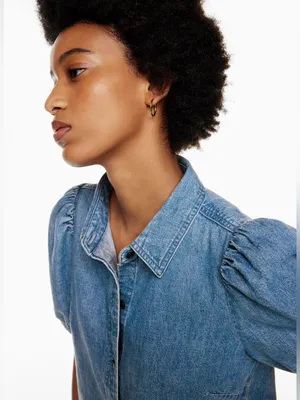 Aritzia Wilfred Ocean‎ Medium Blue Puff-Sleeve Denim Button-Down Shirt Size XS thumbnail 2