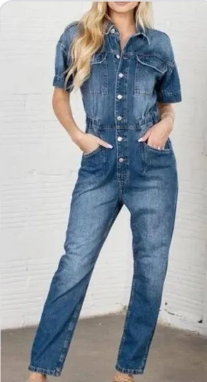 We The Free Light Blue Denim Short-Sleeve Overall Jumpsuit thumbnail 1