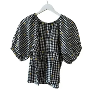 Old Navy puff sleeve black white sunflower embroidered gingham swing SZ M #2160 thumbnail 5