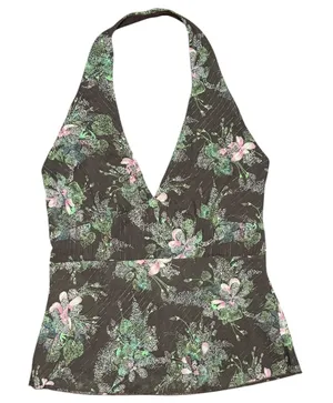 Vintage Forever 21 XXI Y2K‎ Halter V Neck Top Women L Brown Pink Floral Festival thumbnail 1