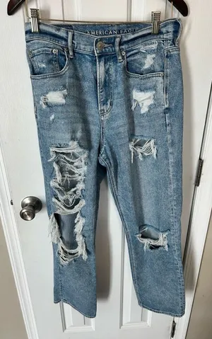 American eagle high waisted stretchy ripped jeans size 4 blue jeans wide leg thumbnail 1