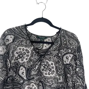 Lauren Ralph Lauren Size XL Black White Paisley Silk‎ Blend Blouse thumbnail 4