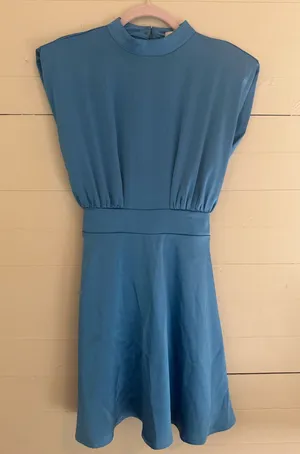 High-Neck Sky Blue Mini Dress with Defined Waist thumbnail 1