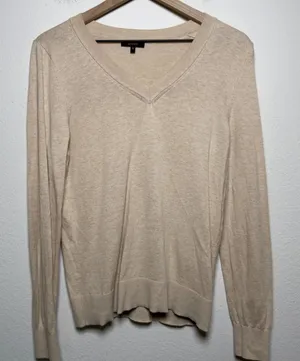 Quince Women Organic Cotton Cashmere V-Neck Sweater Medium Beige Long Sleeve thumbnail 1