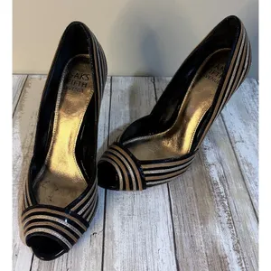 Saks Fifth Avenue Gold, Black, & Silver Peep Toe‎ Heels Size 6 thumbnail 1