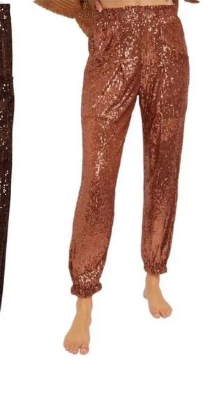 Free People Morelia Bronze Sequin Jogger Pants Sz M Shiny Sparkly Party Festival thumbnail 1