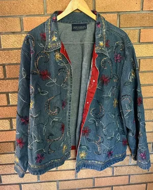 Jane Ashley Floral Embroidered Denim Jean Jacket Button Down Shirt Women’s thumbnail 1