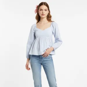 Banana Republic Puff Sleeve Top Womens S Blue Cotton Smocked Coquette Clean Girl thumbnail 2