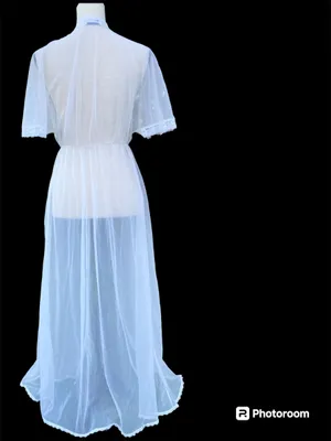 Vintage 80s Alan R. White Peignoir Nylon Chiffon Lace M Flutter Sleeves thumbnail 3