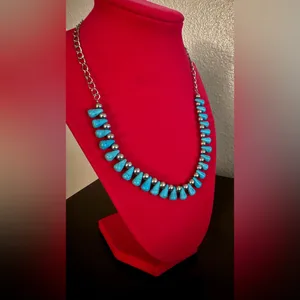 Vintage Turquoise Beaded Necklace | Silver Tone Statement | Southwestern Boho thumbnail 4