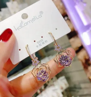 Women's Rose Flower Purple Crystal Dangle Drop Earrings Gold thumbnail 3
