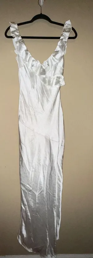 Here Comes the Sun White Satin NWT Ruffle Maxi Dress XS asymmetrical side slit Beach Wedding Chic thumbnail 1