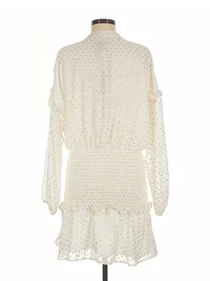 Aqua Womens gold polka dot Ivory Chiffon Smocked V-Neck Mini Dress NWT thumbnail 2