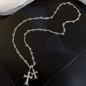 CZ Double Cross Pendant Necklace for Men Women Unisex Hip Hop Style thumbnail 1