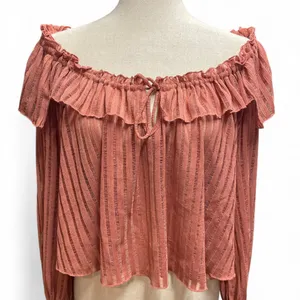 By Anthropologie Long-Sleeve Sheer‎ Striped Crop Blouse Rose Pink Off Shoulder thumbnail 3