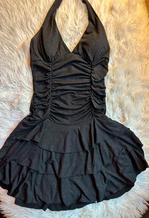 La Belle Vintage Y2K Black Glitter Ruched Halter Tiered Dress Medium Homecoming thumbnail 11
