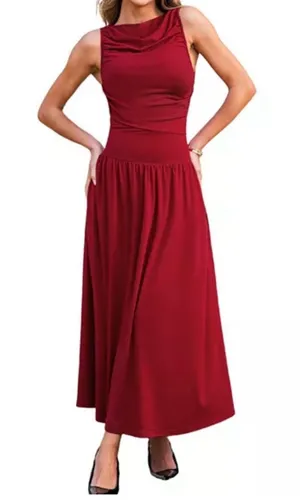 Cupshe Women's Knit BoatNeck Elegant Sleeveless Maxi Dress in Red Size Small thumbnail 1