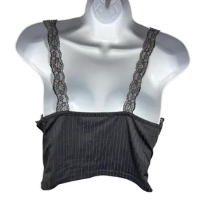 Y2K Women Coquette Grunge Ribbed Lace‎ Trim Tank S Grey Henley Fairy Crop Top thumbnail 2