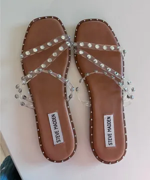Steve Madden Skyler Clear Rhinestone Studded Square Toe Slide Sandals Tan 8 thumbnail 1