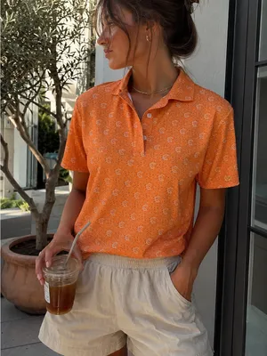 Forged Fabrics Orange Croissant Print Polo Shirt Women’s Medium NWT thumbnail 1