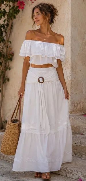 Seaspice Peruvian Cotton White Off Shoulder Maxi Skirt Set NWT XL Boho thumbnail 1