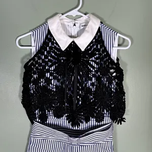 Self-Portrait Blue White Striped Lace Overlay‎ Collared Mini Dress Belted size 0 thumbnail 4