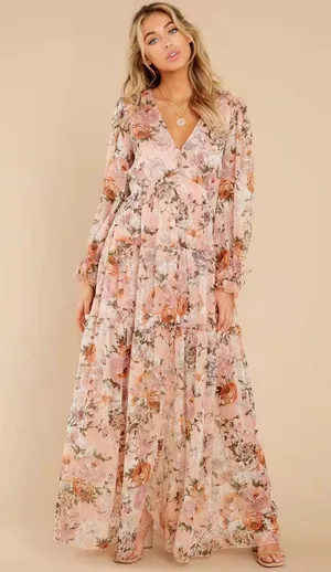 Orange Multicolor Boho Floral V-neck Long Sleeve Maxi Dress w/ Slit thumbnail 3