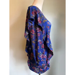 Free People Blue Floral Ruffle boho whimsi‎ dainty cottage top shirt blue Medium thumbnail 4