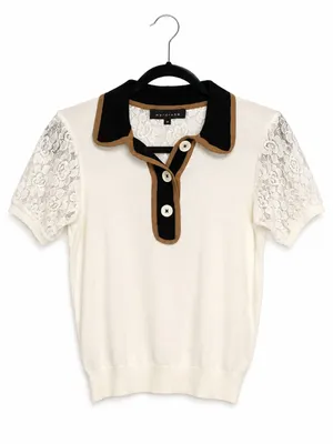 Wardrobe Womens Ivory Lace Polo Sweater Top Medium Contrast Collar Preppy Mod thumbnail 2
