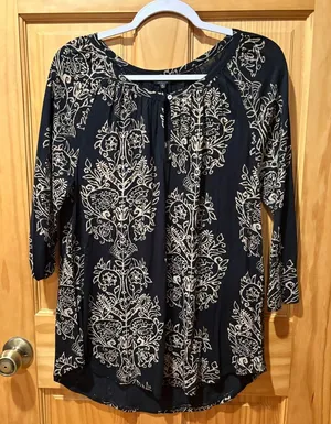 Lucky Brand black and beige floral print peasant blouse M NWT thumbnail 1