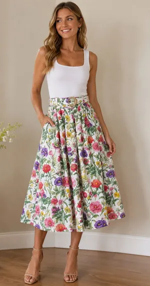 Prosperina Floral Cotton Midi Skirt XS NWT Belted Cottagecore Lined Pockets thumbnail 1