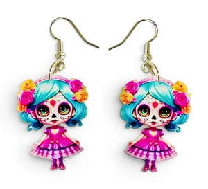 New Day of the Dead Sugar Skull Doll Acrylic Dangle Earrings thumbnail 1