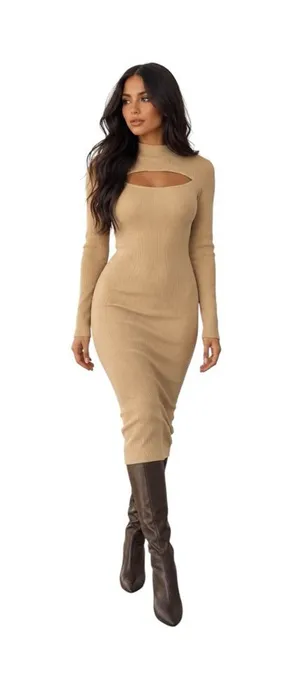 The Drop Chantal Cutout Ribbed Knit Bodycon Midi Sweater Dress M Camel NWT thumbnail 1