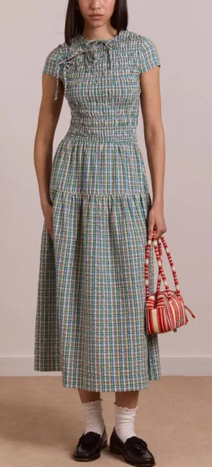 DAMSON MADDER NWT Ebba Smocked Midi Dress in Picnic Blue Check Cottagecore US 2 thumbnail 1