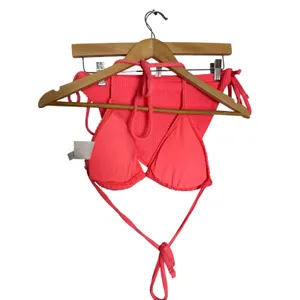Lucky Brand Coral 2 Piece Crinkle Rib Halter Triangle Side Tie Bikini Swim Set L thumbnail 2