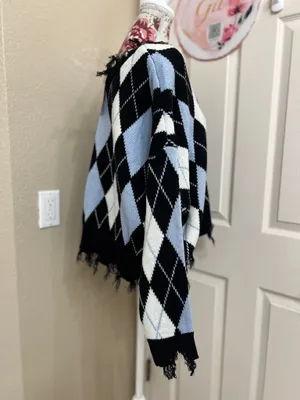 Just Polly Y2K Grunge Distressed Argyle Knit Sweater Size XL NWT Blue thumbnail 3