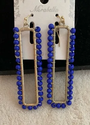 Royal Blue Beaded Rectangle Hoop Earrings thumbnail 1