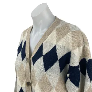 Zizae Women's Beige Argyle Diamond Long Sleeve Button Up Cardigan Sweater Size M thumbnail 2