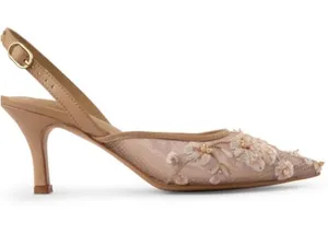 Embroidered Mesh Slingback Kitten Heels Tan Size 8 thumbnail 1