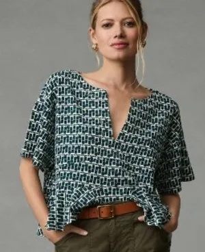 Anthropologie Blouse Womens XS Deep Green‎ Geometric Ruffle Hem Cropped V Neck thumbnail 1
