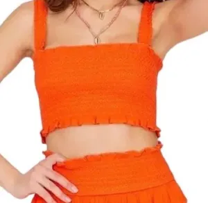 Thalia smocked embroidered orange cropped ruffle trim tank top thumbnail 1