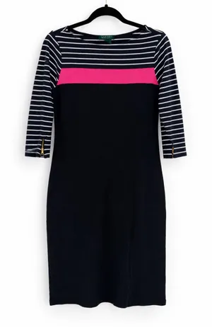 Lauren Ralph Lauren Sheath Dress‎ Women XL Black Striped Pink Nautical Preppy thumbnail 1
