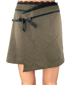 Cider Women's Tan Black Lace Bow Knot Mid Rise A Line Wrap Mini Skirt Size S thumbnail 1