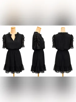 Express Black Swiss Dot Mini Dress Size M Smocked Ruffle Hem Flutter Sleeve thumbnail 4