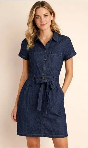 J. Crew Womens Dark Wash Denim Short Sleeve Belted Shirt Dress BY042 Size 2 thumbnail 1